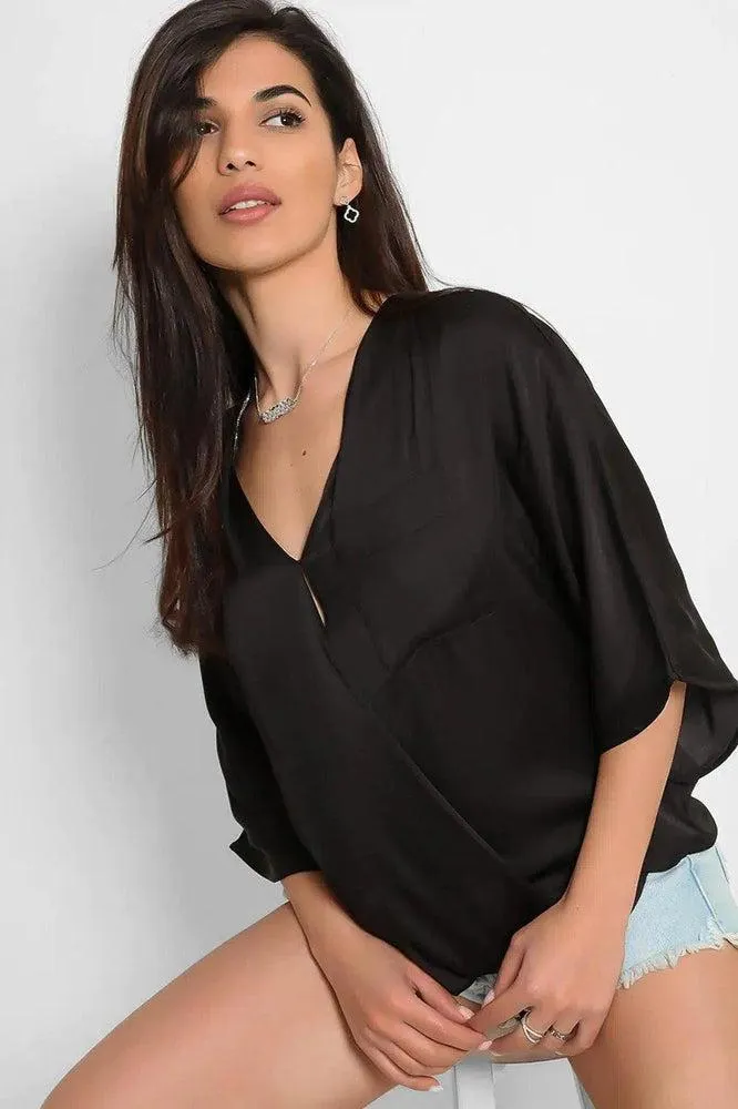 Black Satin Faux Wrap Blouse