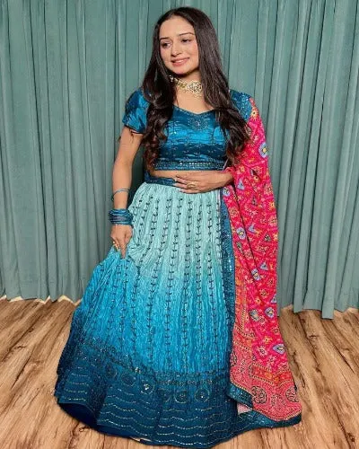 Blue Chinon Silk Heavy Work Unstitched Lehenga Choli Set