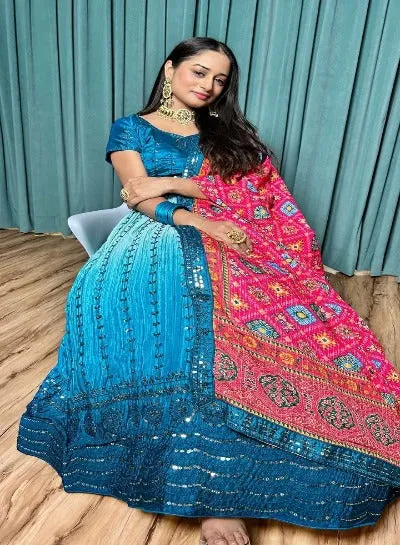 Blue Chinon Silk Heavy Work Unstitched Lehenga Choli Set