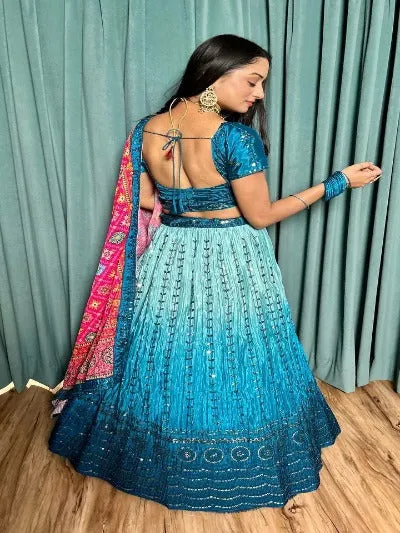 Blue Chinon Silk Heavy Work Unstitched Lehenga Choli Set