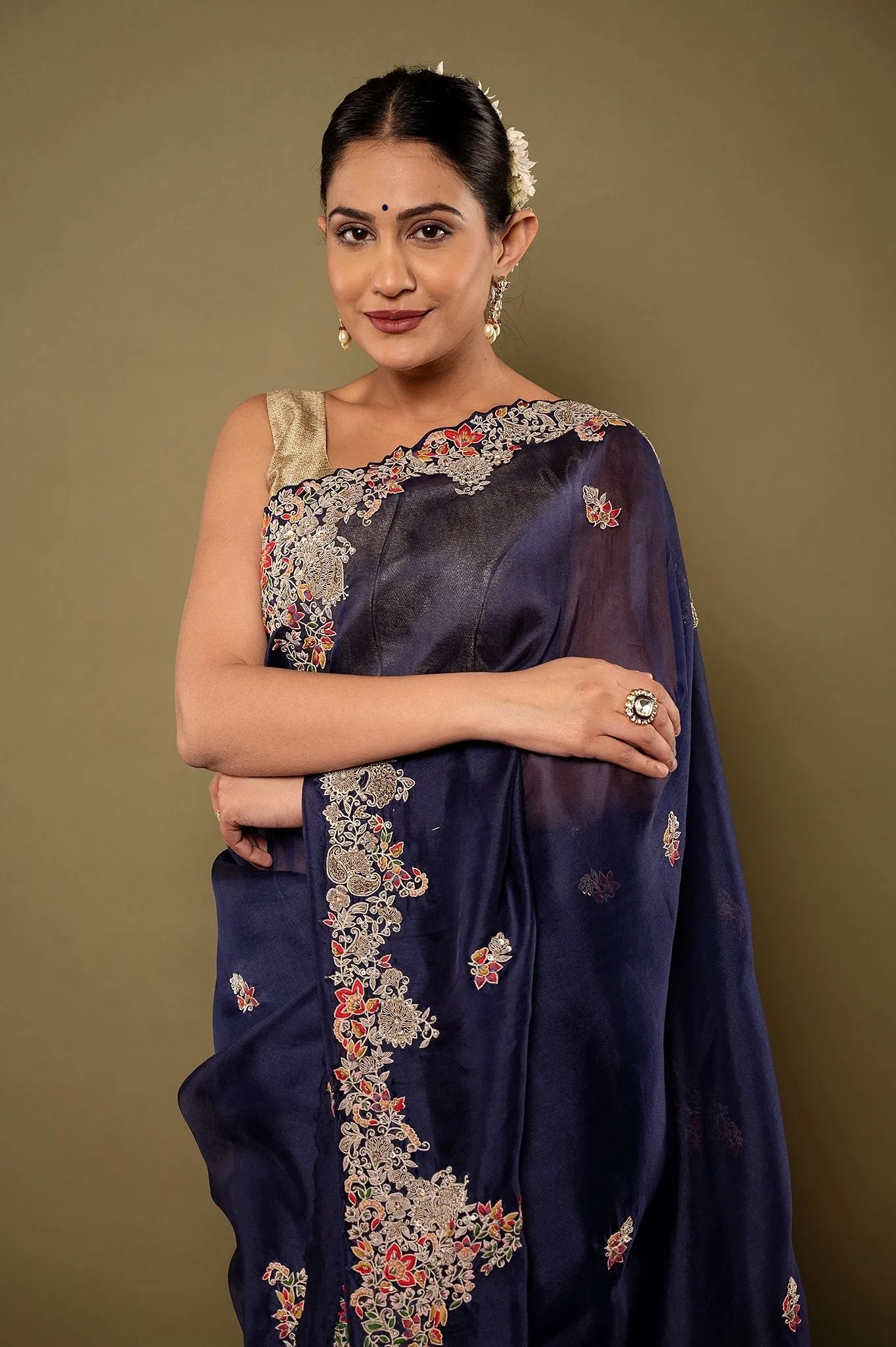 Blue Resham Marodi work Organza Saree