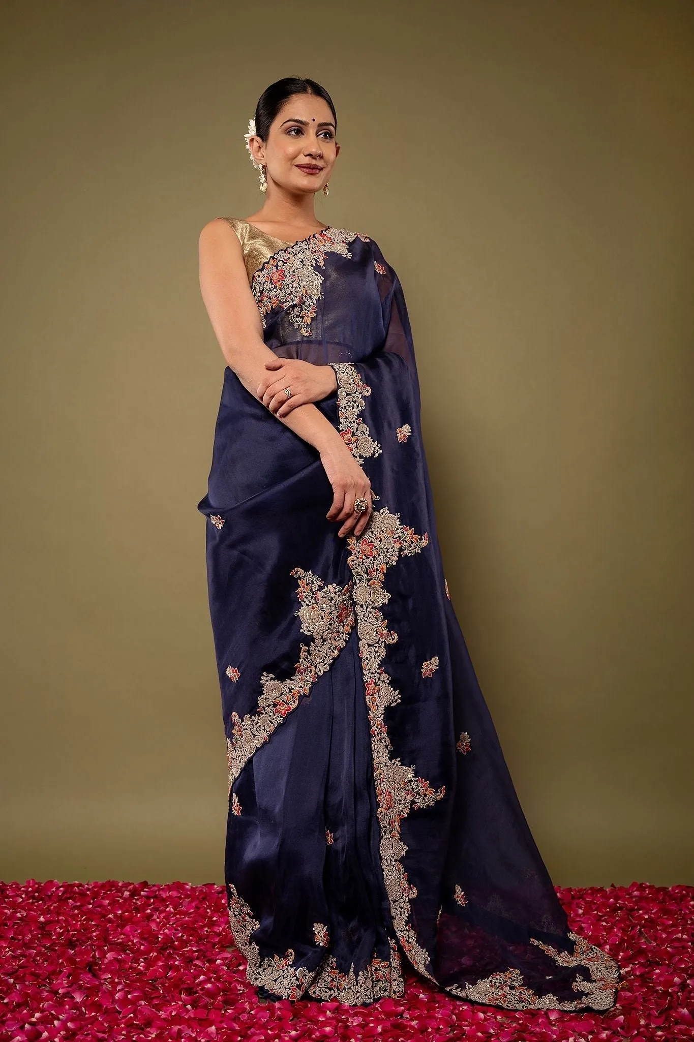 Blue Resham Marodi work Organza Saree