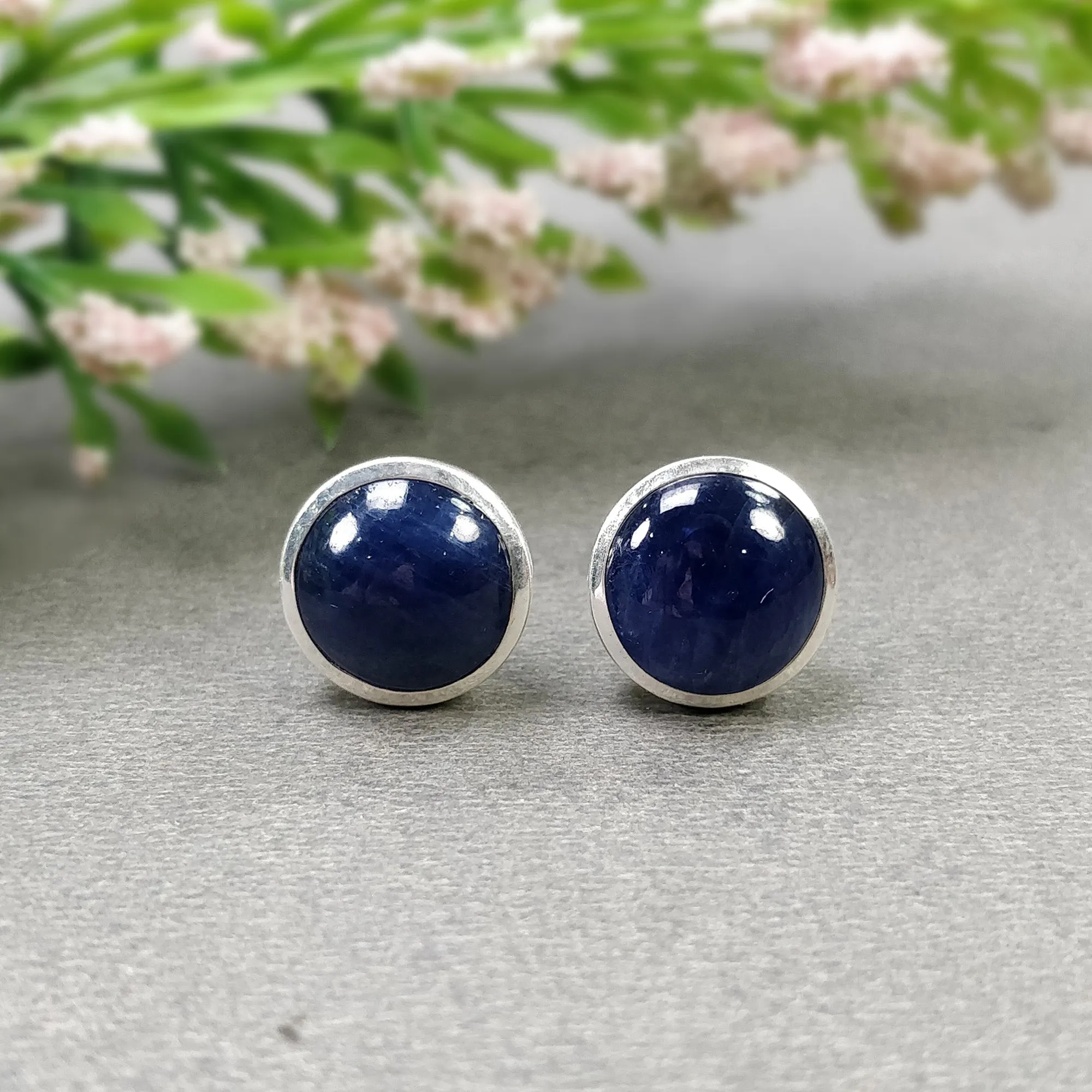 BLUE SAPPHIRE Gemstone 925 Sterling Silver Earring : 4.240gms Natural Untreated Round Bezel Set Push Back Stud Earrings 0.75"