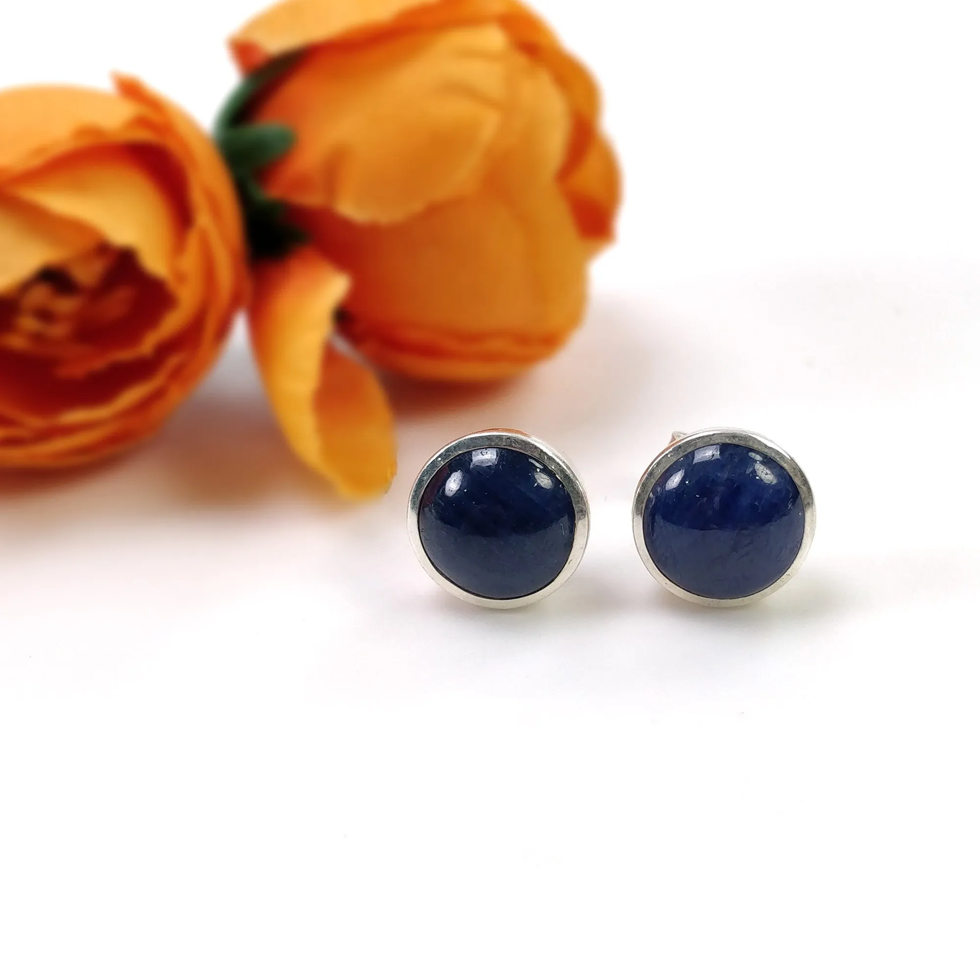 BLUE SAPPHIRE Gemstone 925 Sterling Silver Earring : 4.240gms Natural Untreated Round Bezel Set Push Back Stud Earrings 0.75"