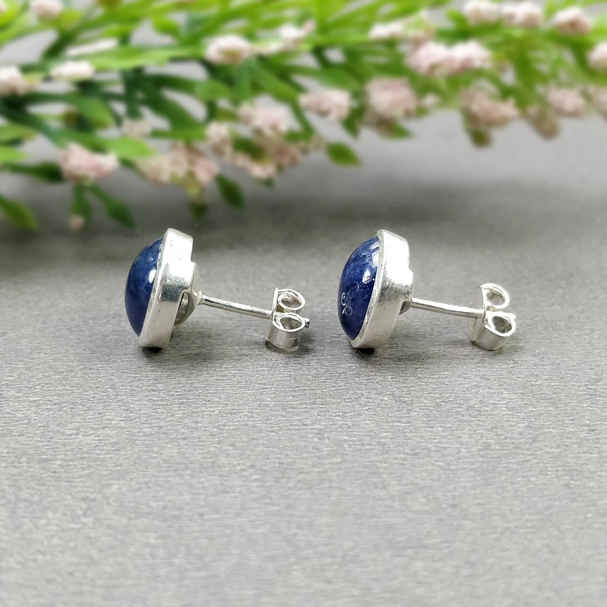 BLUE SAPPHIRE Gemstone 925 Sterling Silver Earring : 4.240gms Natural Untreated Round Bezel Set Push Back Stud Earrings 0.75"