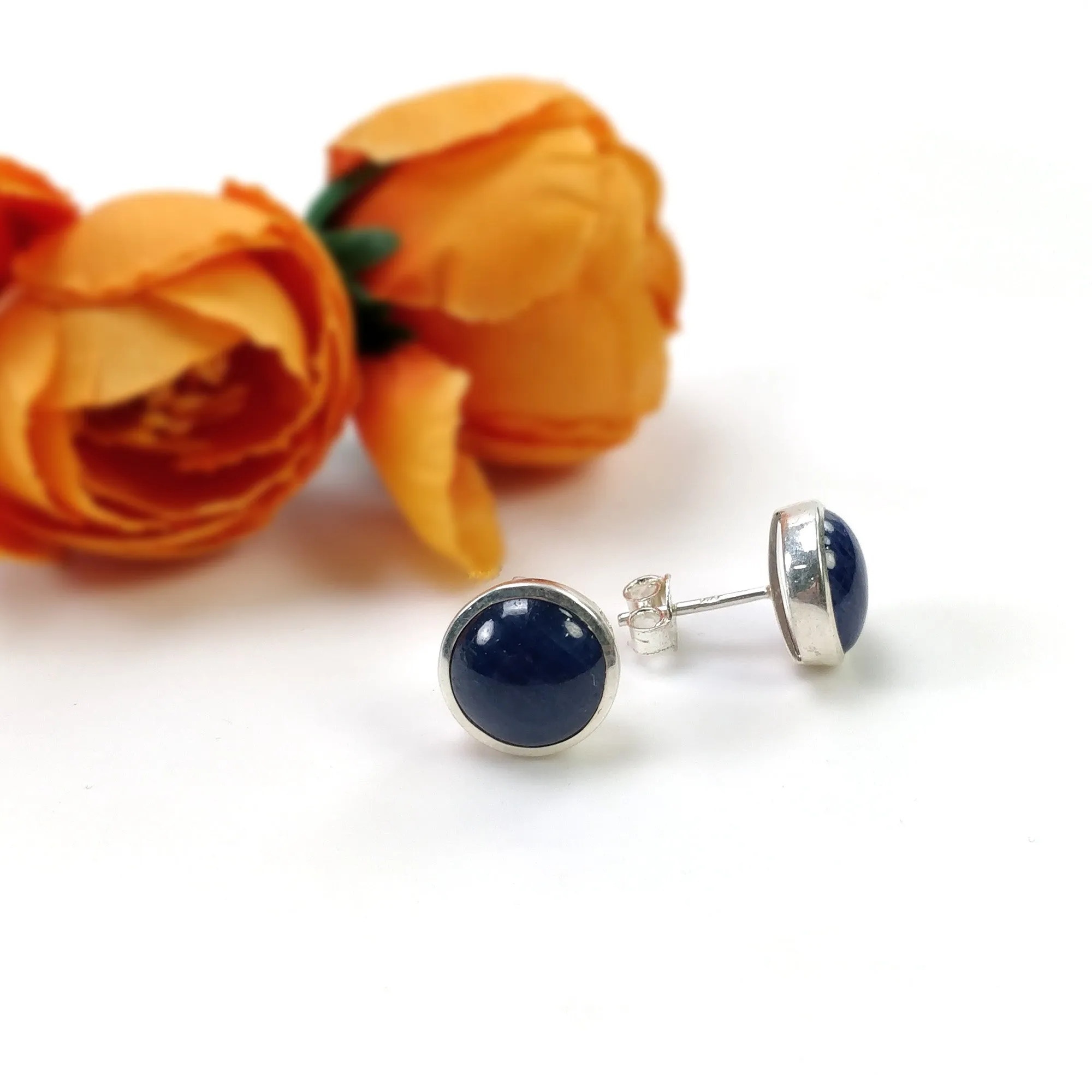 BLUE SAPPHIRE Gemstone 925 Sterling Silver Earring : 4.240gms Natural Untreated Round Bezel Set Push Back Stud Earrings 0.75"