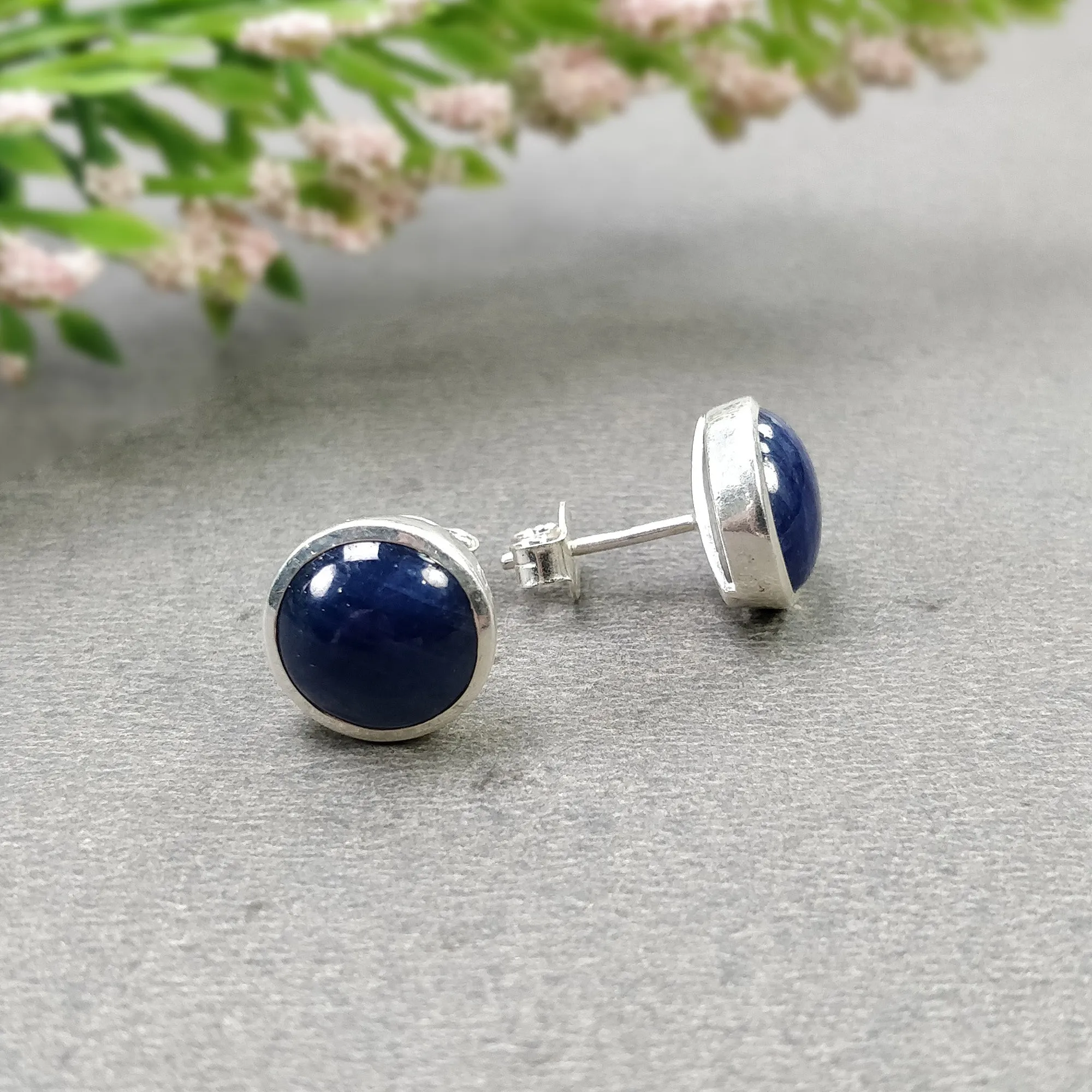 BLUE SAPPHIRE Gemstone 925 Sterling Silver Earring : 4.240gms Natural Untreated Round Bezel Set Push Back Stud Earrings 0.75"