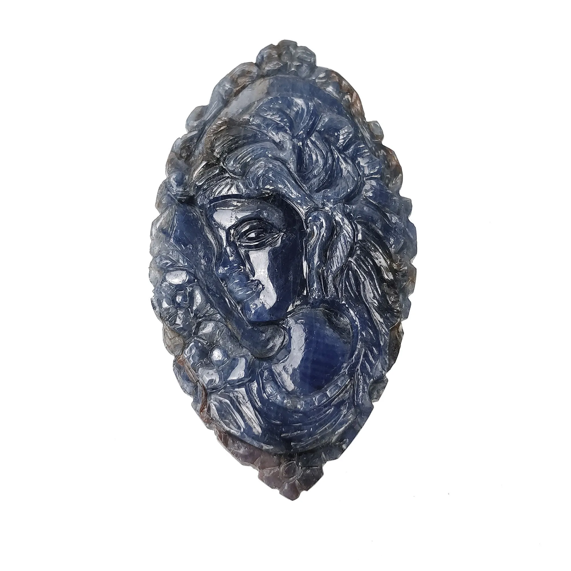 BLUE SAPPHIRE Gemstone Carving : 105.30cts Natural Untreated Unheated Sapphire Hand Carved Lady Face 57*32mm (With Video)