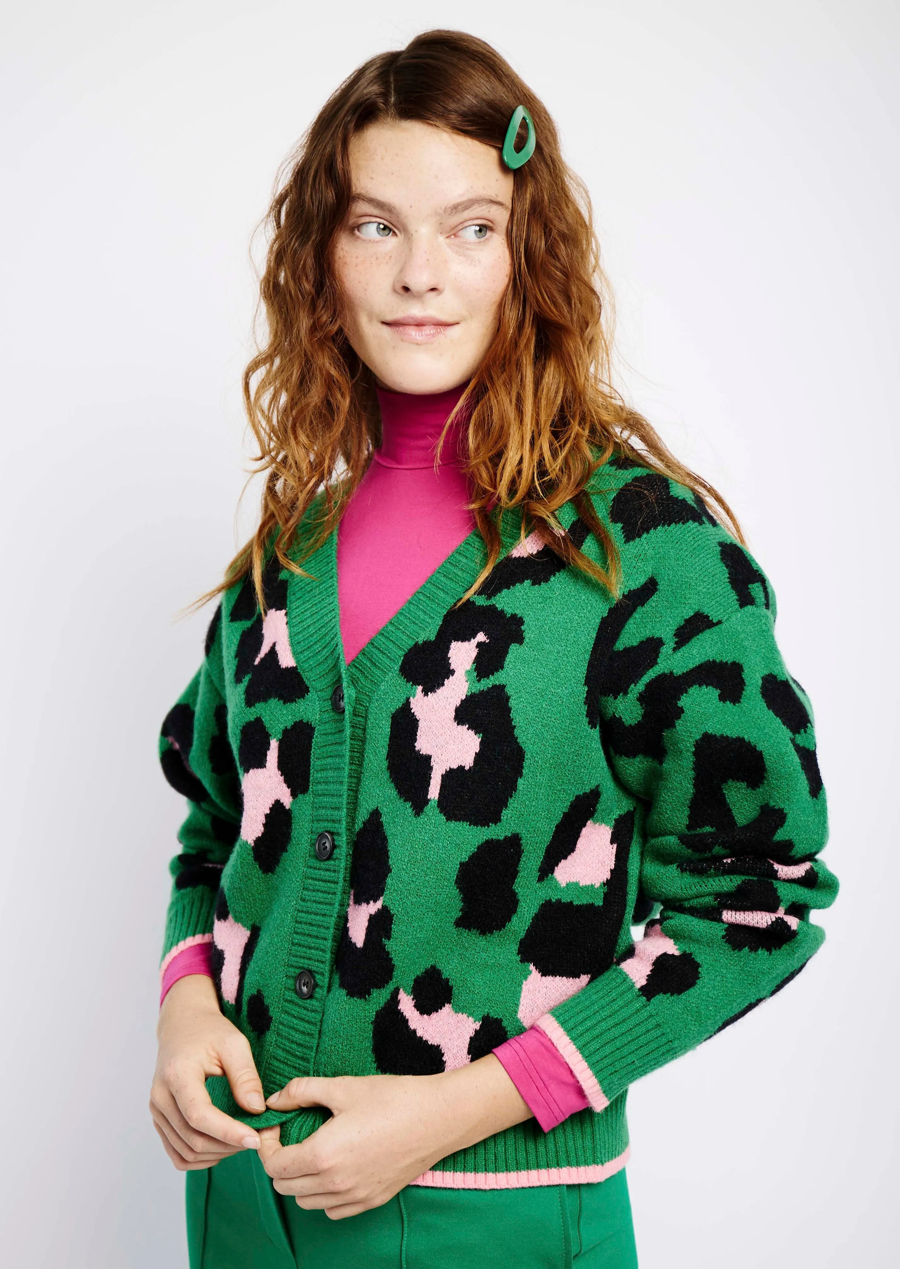 Button Through Cardigan in Pink and Green Opulent Animal