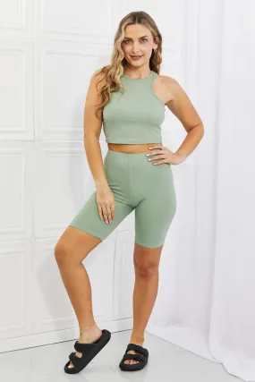 Capella In The Works Ribbed Halter Crop Top and Biker Shorts Sets in Green