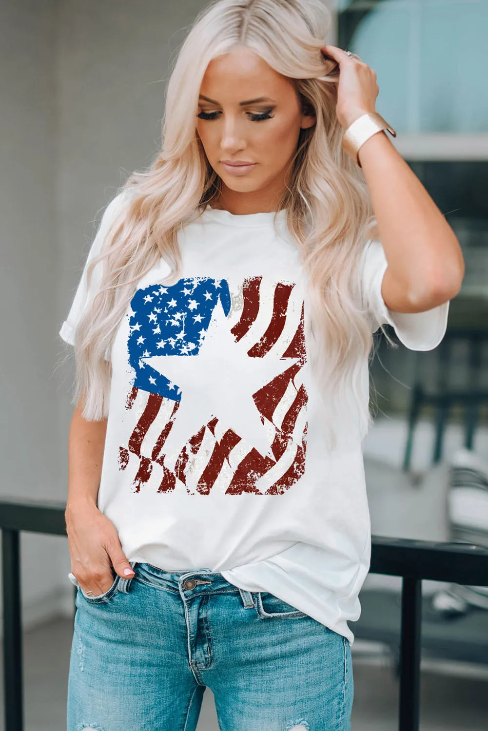 Celebrate America in Style with this US Flag Graphic Round Neck Tee - Perfect for Fourth of July Independence Day Celebrations, Patriotic Events, and Everyday Wear