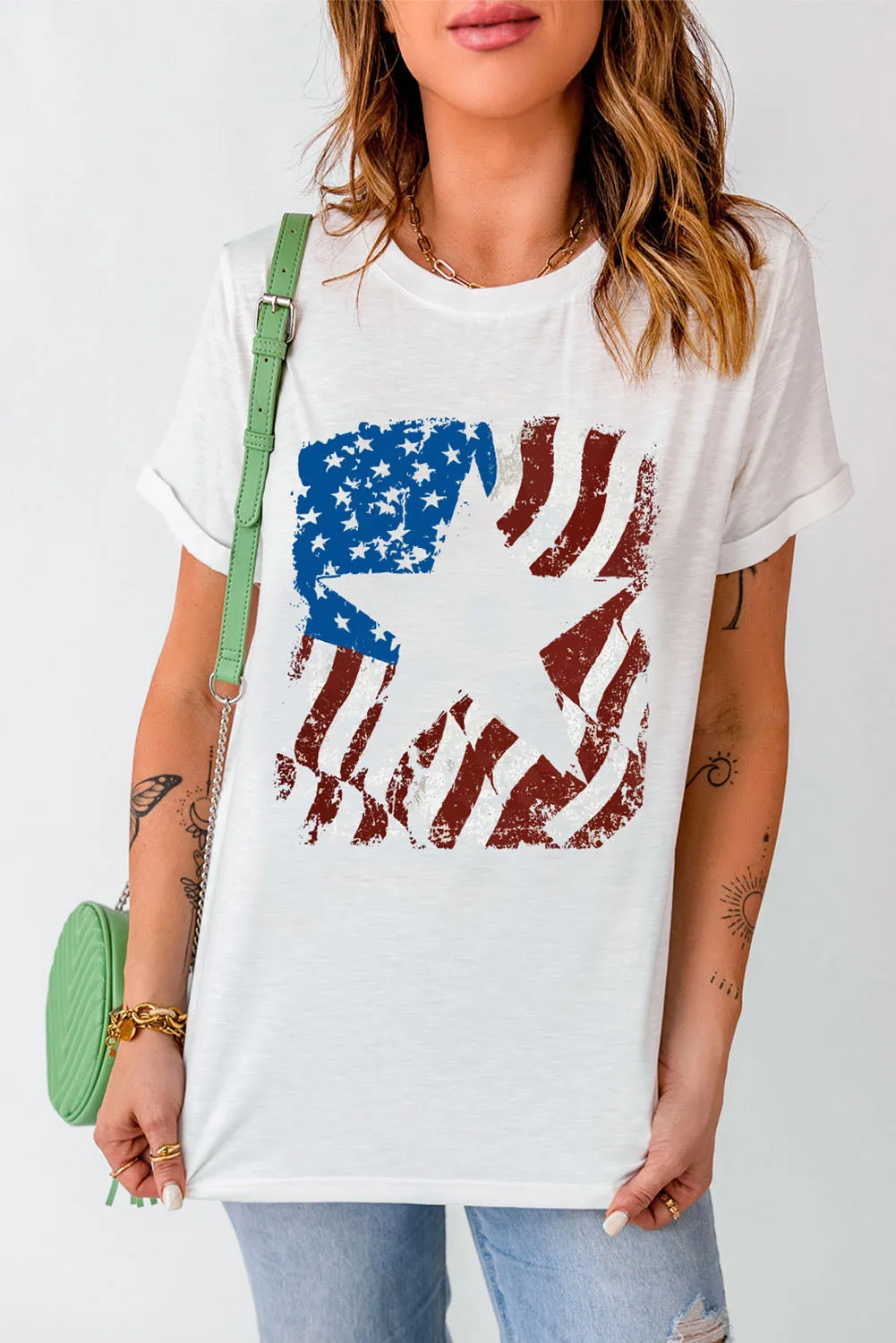 Celebrate America in Style with this US Flag Graphic Round Neck Tee - Perfect for Fourth of July Independence Day Celebrations, Patriotic Events, and Everyday Wear