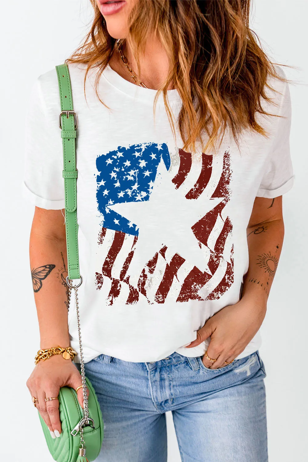 Celebrate America in Style with this US Flag Graphic Round Neck Tee - Perfect for Fourth of July Independence Day Celebrations, Patriotic Events, and Everyday Wear