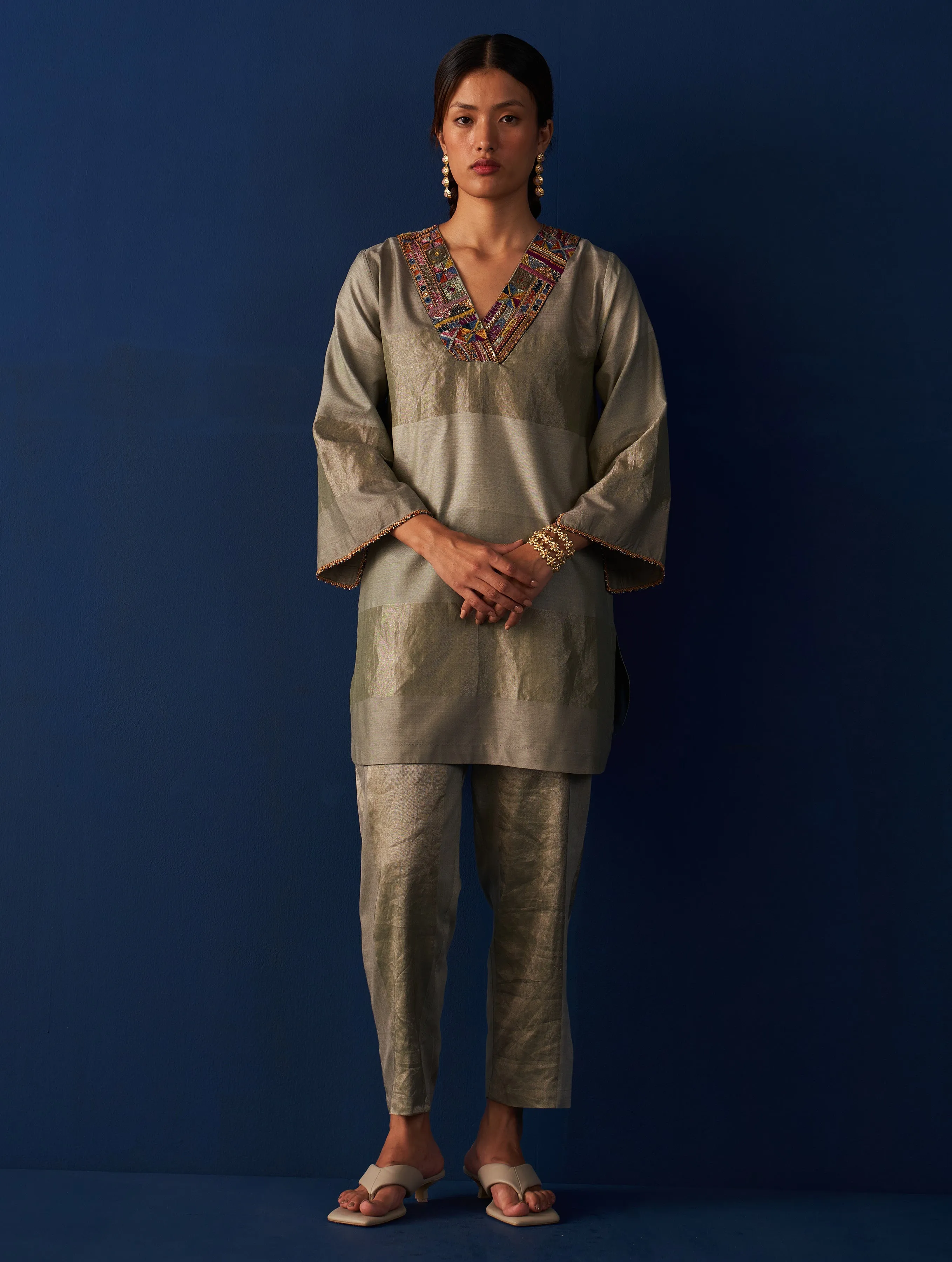 Chava Hand-Embroidered Kurta Set - Sage Grey