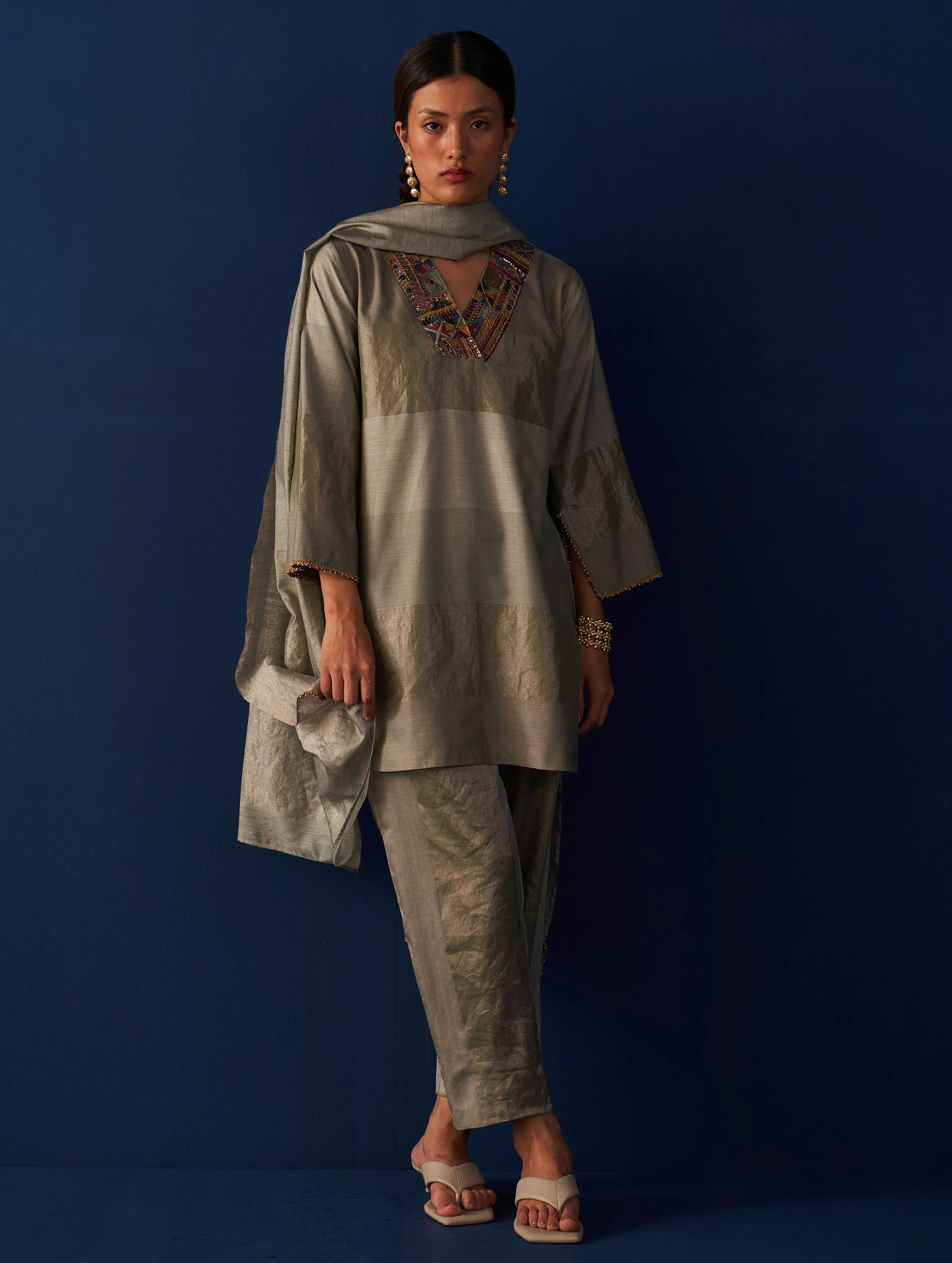 Chava Hand-Embroidered Kurta Set - Sage Grey