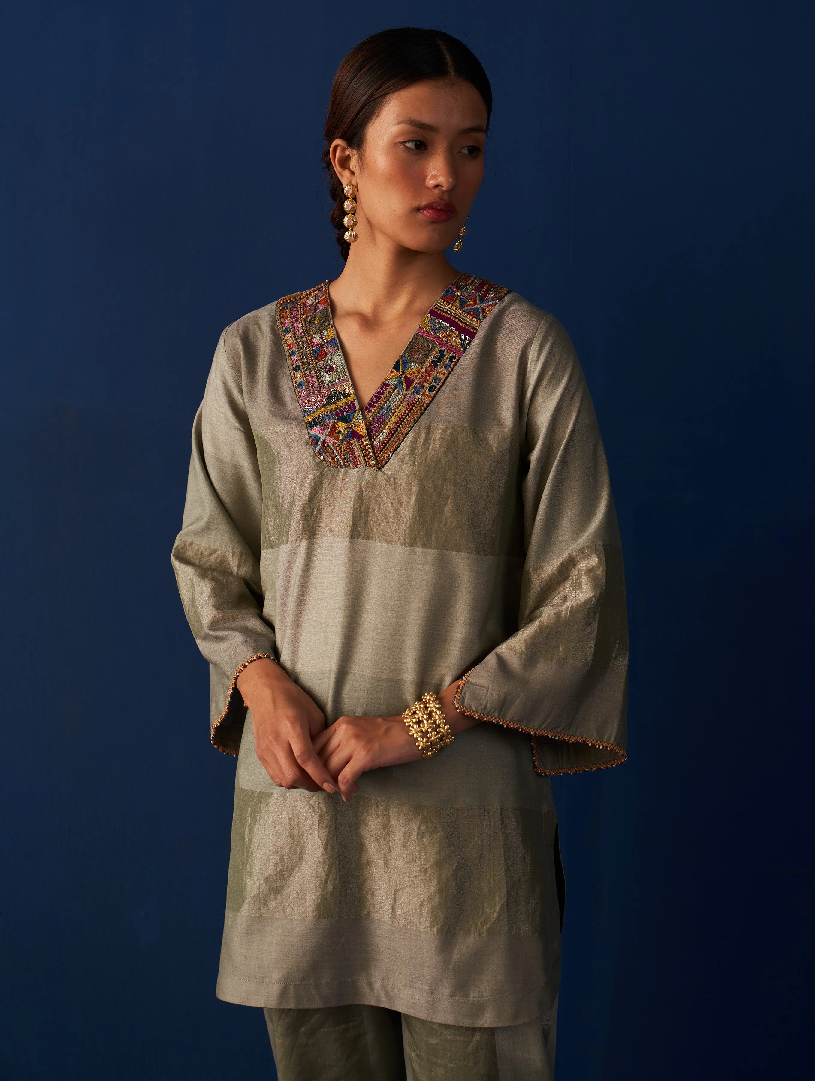 Chava Hand-Embroidered Kurta Set - Sage Grey