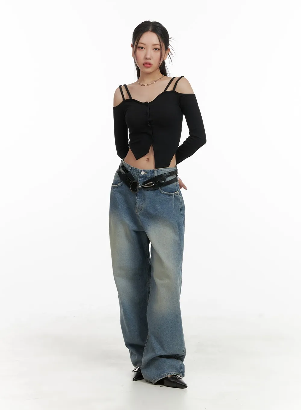 Cold Shoulder Button Ribbed Crop Top CA416