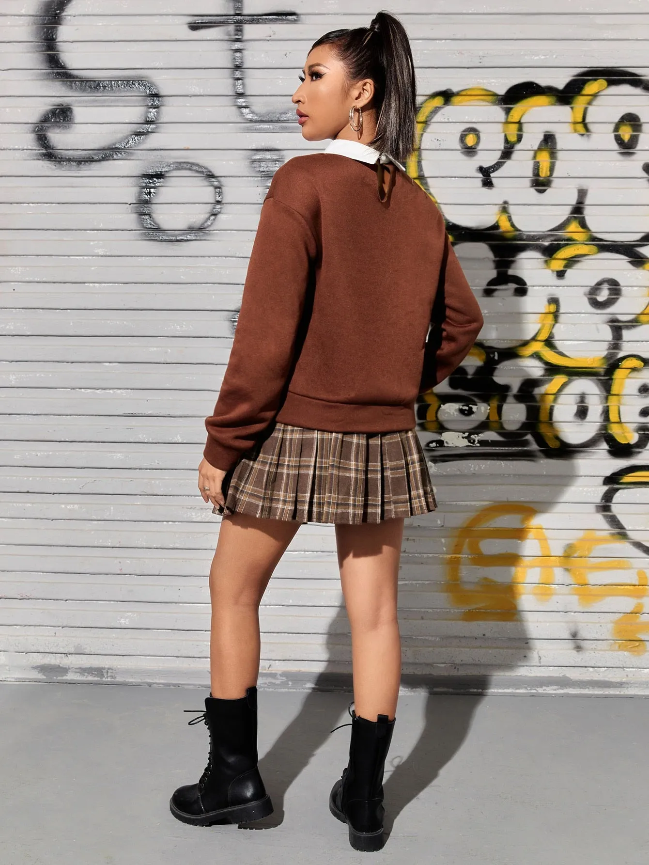 Contrast Collar Drop Shoulder 2 In 1 Pullover Plaid Pleated Skirt