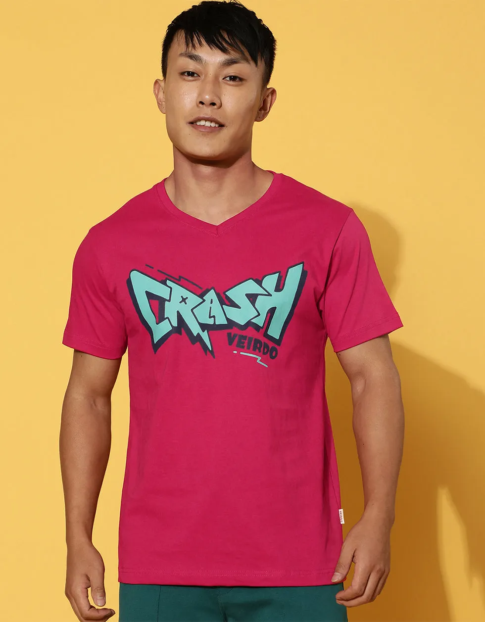 Crash Viva Magenta Printeded Chest Typographic Printed Tshirt