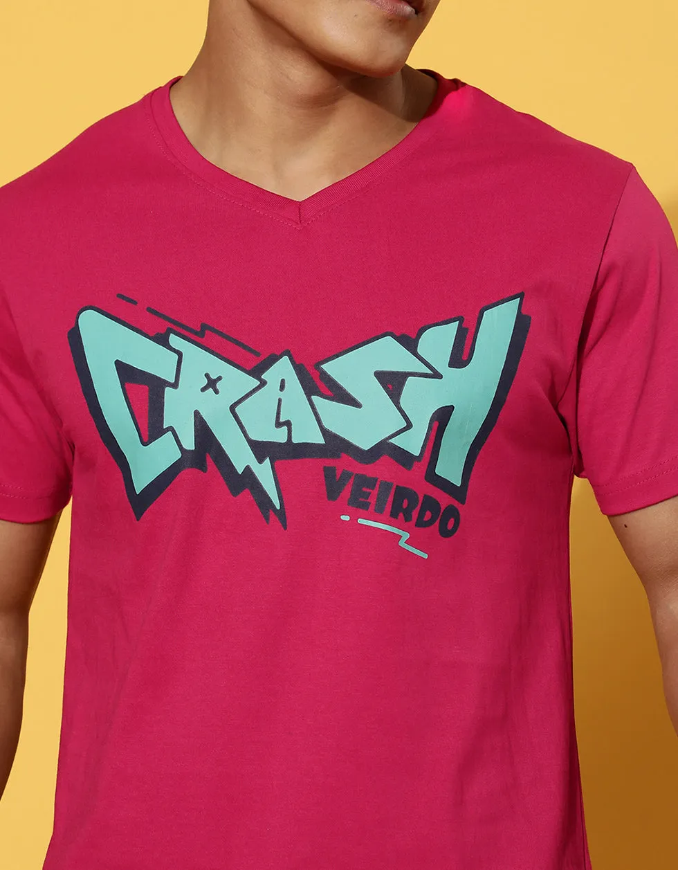 Crash Viva Magenta Printeded Chest Typographic Printed Tshirt