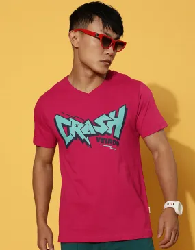 Crash Viva Magenta Printeded Chest Typographic Printed Tshirt