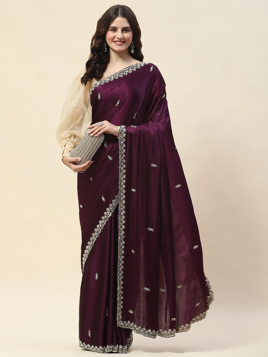 Cutdana Embroidery Chinon Saree