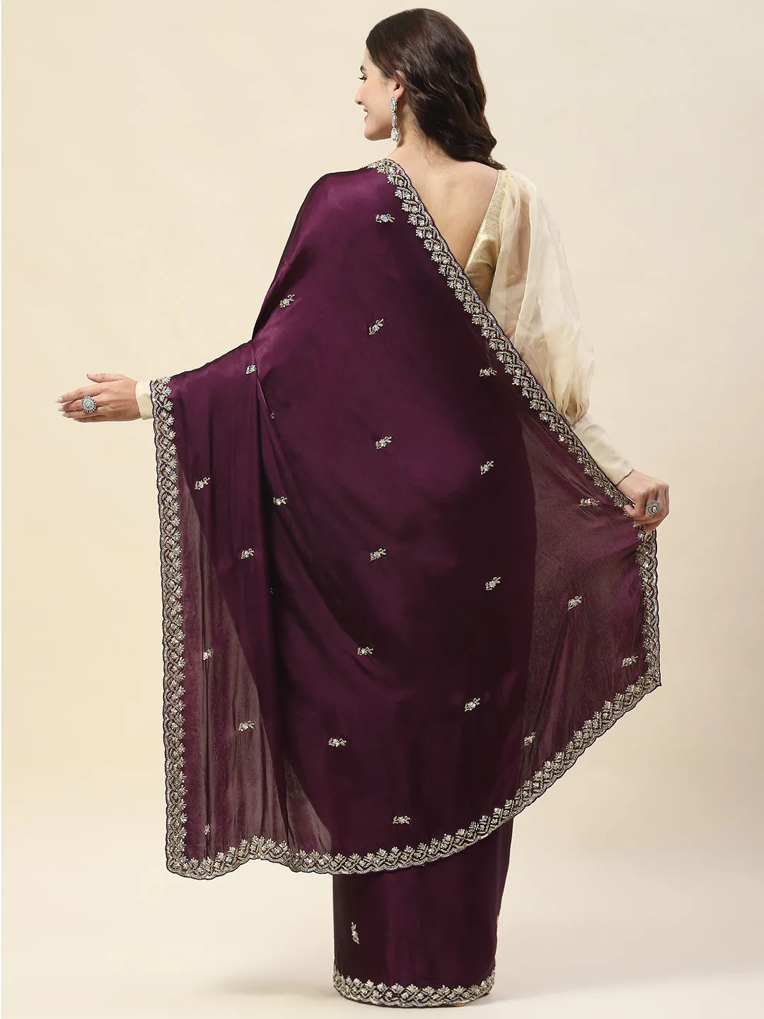 Cutdana Embroidery Chinon Saree