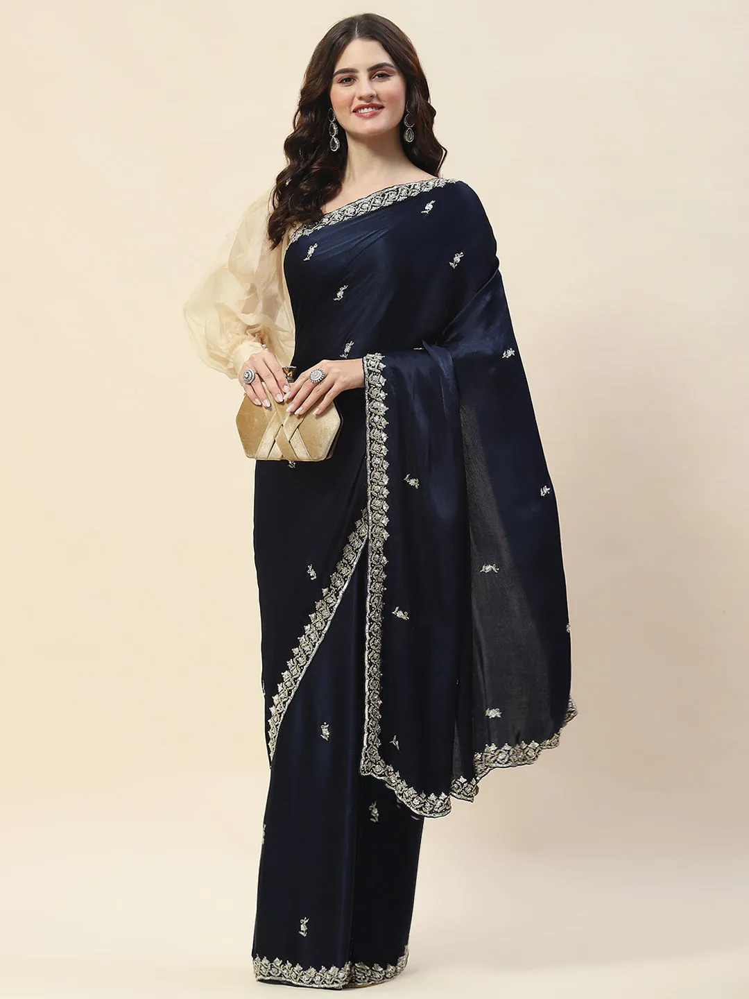 Cutdana Embroidery Chinon Saree