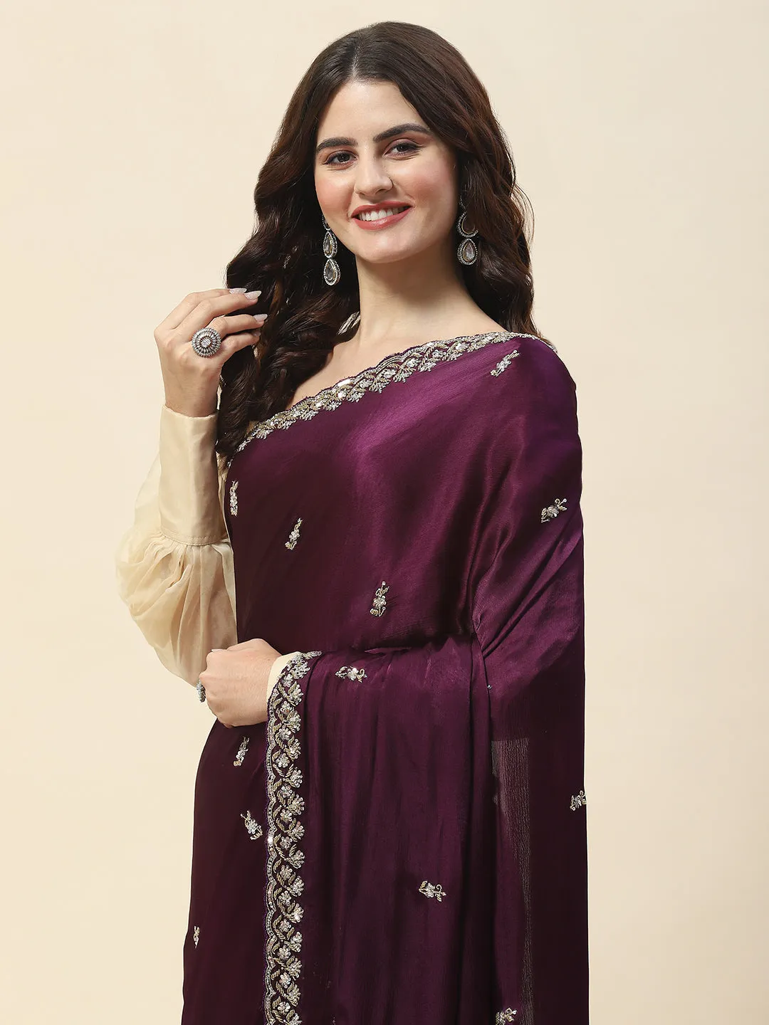 Cutdana Embroidery Chinon Saree