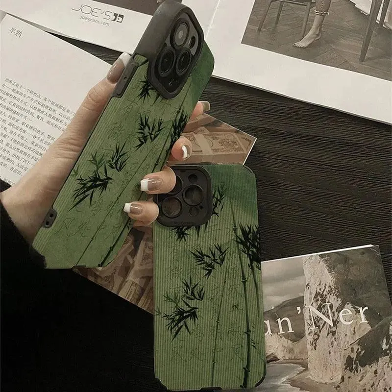 Cute Green Bamboo Phone Case with Soft Leather Cover for iPhone 6, 7, 8, XR, XS Max, 11, 12, 13, 14, Mini, and Pro Series