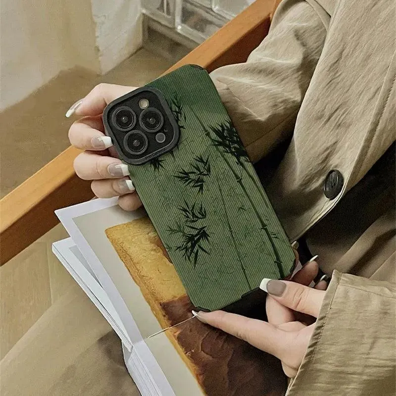 Cute Green Bamboo Phone Case with Soft Leather Cover for iPhone 6, 7, 8, XR, XS Max, 11, 12, 13, 14, Mini, and Pro Series