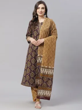 Divena  Brown Cotton Straight Kurta Pant Set With Dupatta