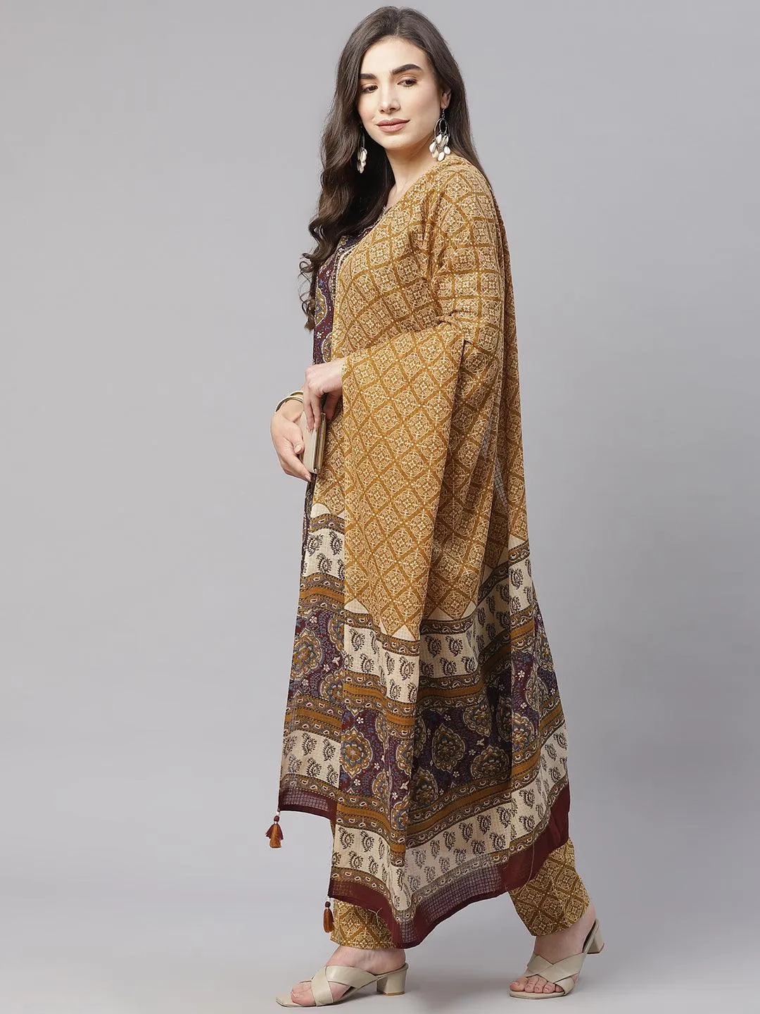 Divena  Brown Cotton Straight Kurta Pant Set With Dupatta