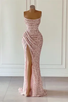 Dreamy Dusty Pink Sequined Mermaid Prom Gown - Sleeveless with Square Neckline and Dramatic Slit