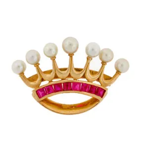 Early Retro 14kt Yellow Gold Ruby & Pearl Crown Pin