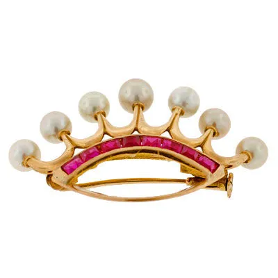 Early Retro 14kt Yellow Gold Ruby & Pearl Crown Pin