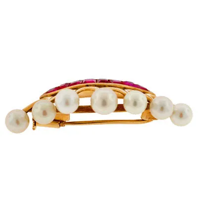 Early Retro 14kt Yellow Gold Ruby & Pearl Crown Pin