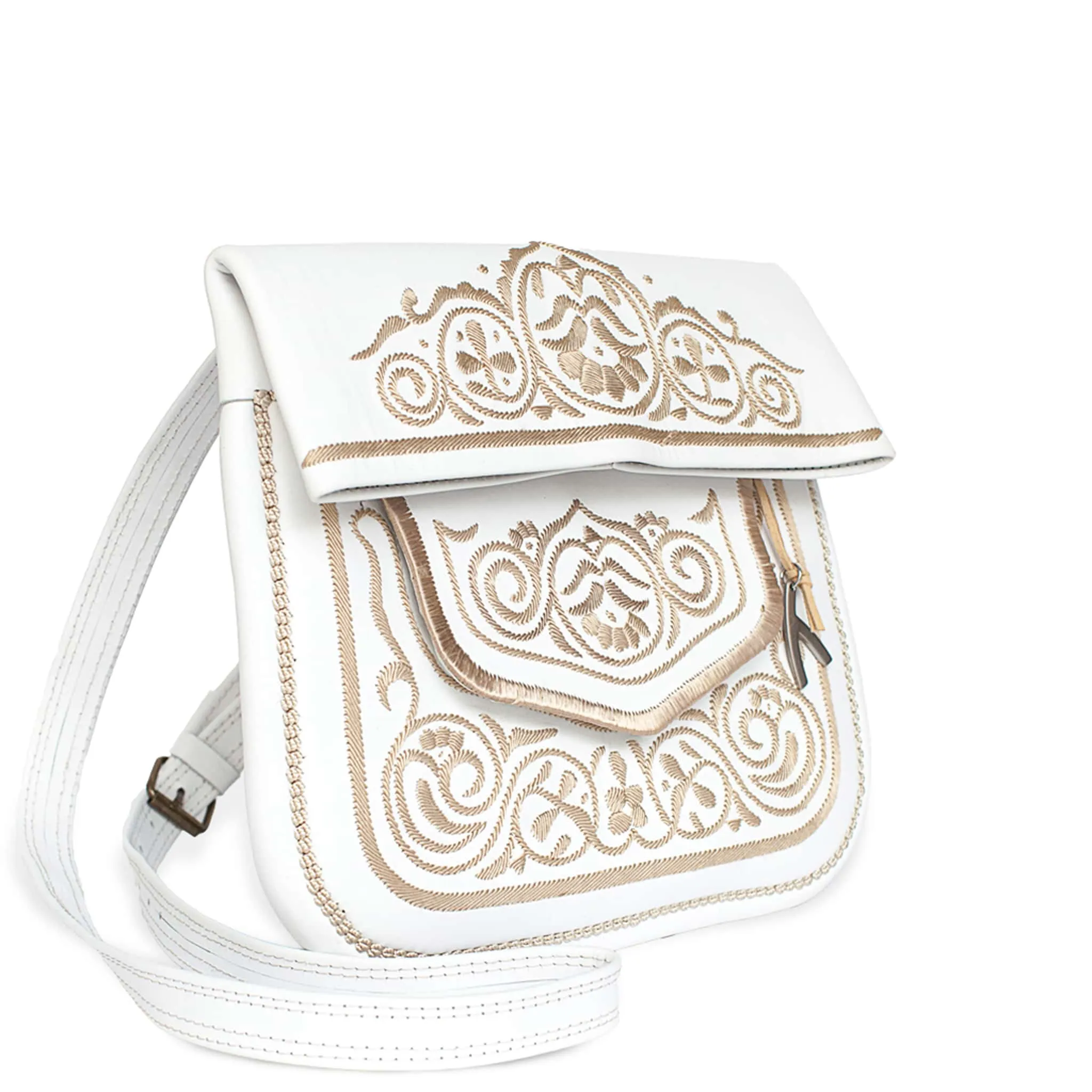 Embroidered Leather Berber Bag in White, Beige