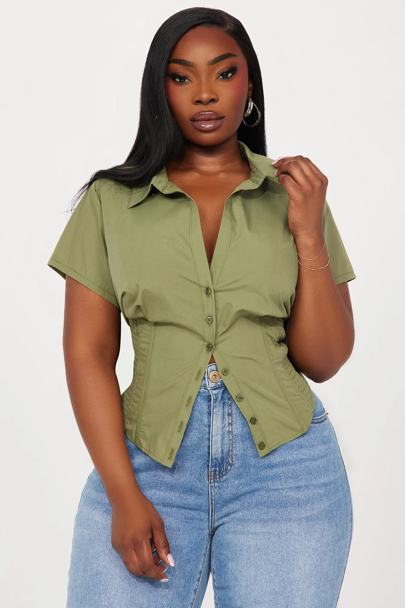 Endless Talks Short Sleeve Corset Top - Olive