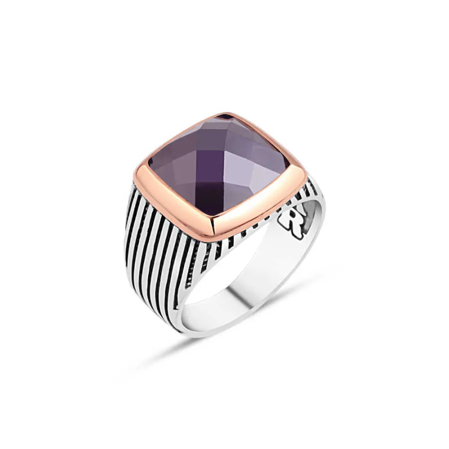 Facet Cut Square Amethyst Stone Silver Men's Ring with Stripe Pattern