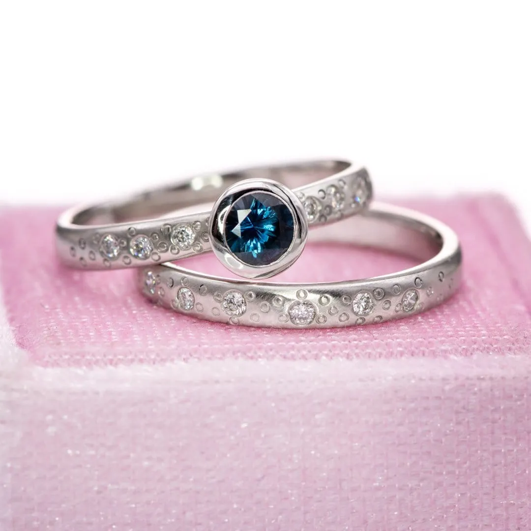 Fair Trade Blue Australian Kings Plain Sapphire Elevated Bezel Diamond Star Dust Engagement Ring