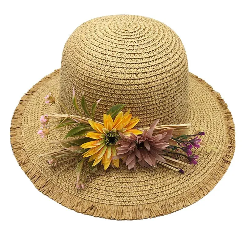 Floppy Foldable Straw Sun Hat with Floral Bowknot