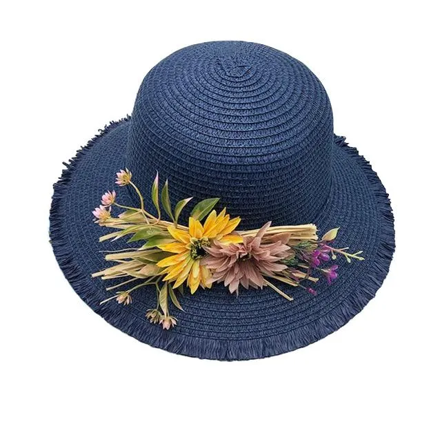 Floppy Foldable Straw Sun Hat with Floral Bowknot