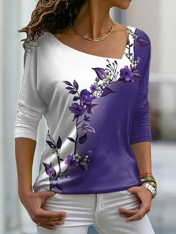 Floral Print Long Sleeve Plus Size T-shirt for Women