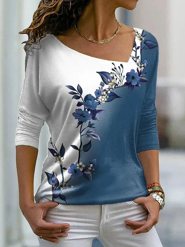 Floral Print Long Sleeve Plus Size T-shirt for Women