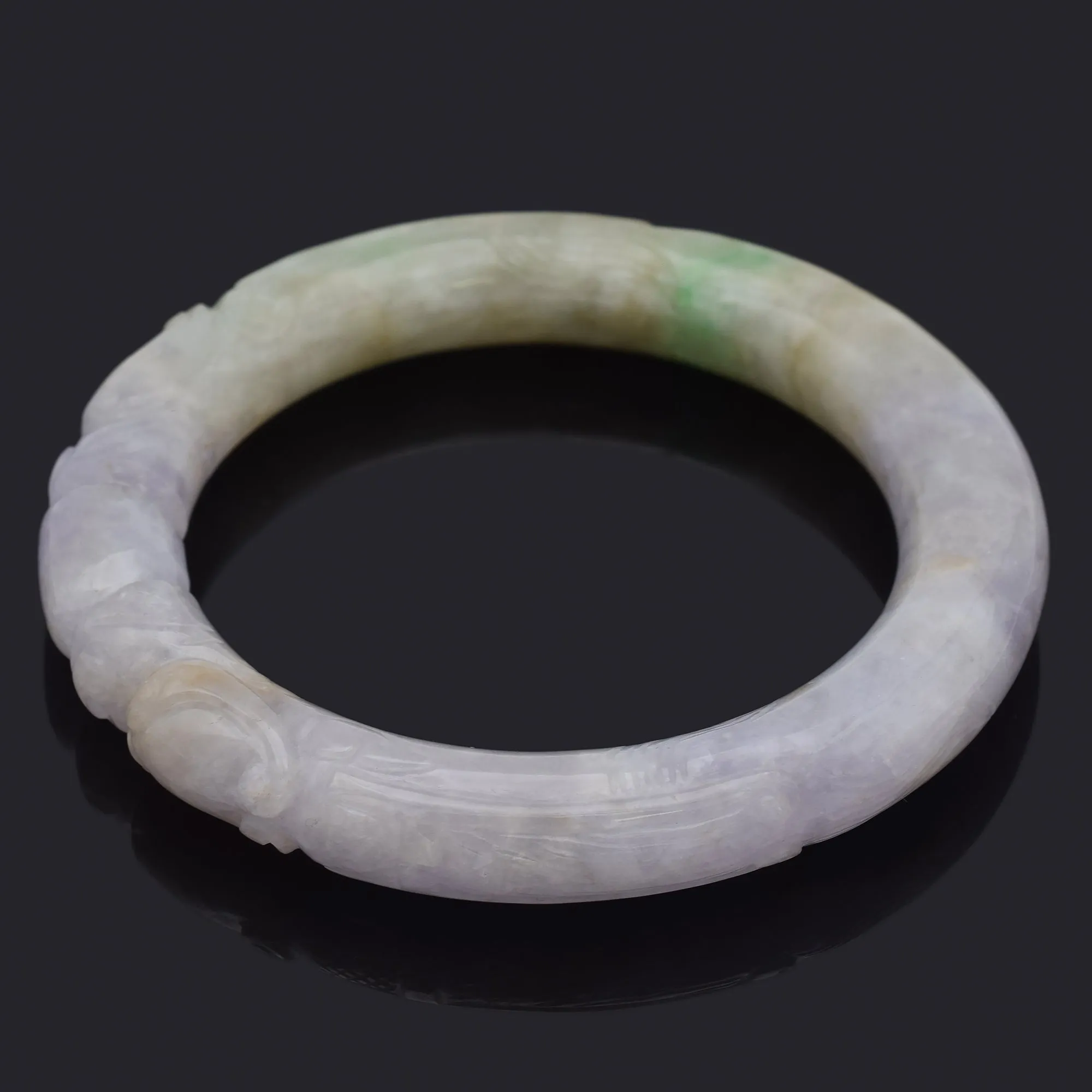 GIA Cert Translucent Variegated Green Purple Carved Jadeite Jade Bangle Bracelet