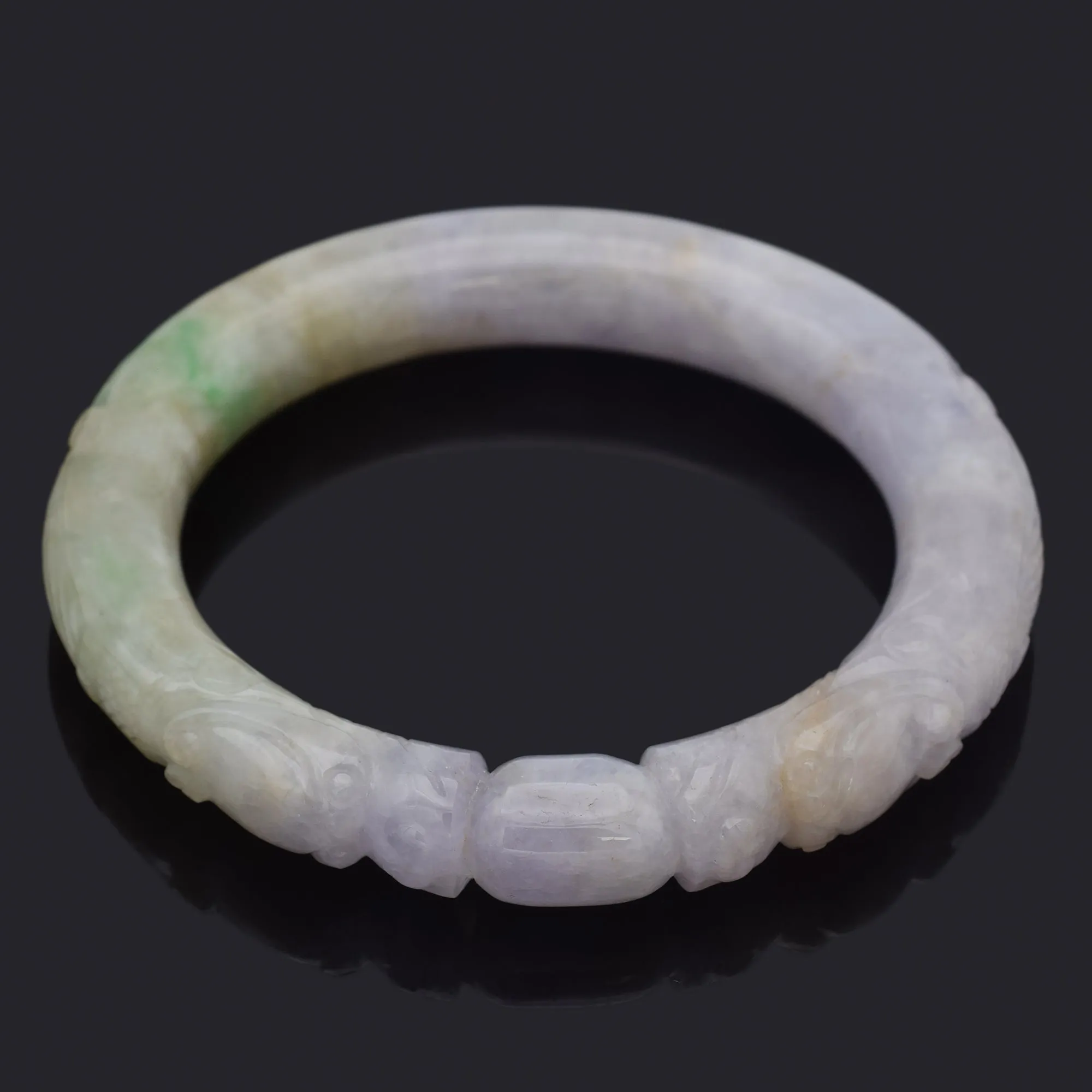 GIA Cert Translucent Variegated Green Purple Carved Jadeite Jade Bangle Bracelet