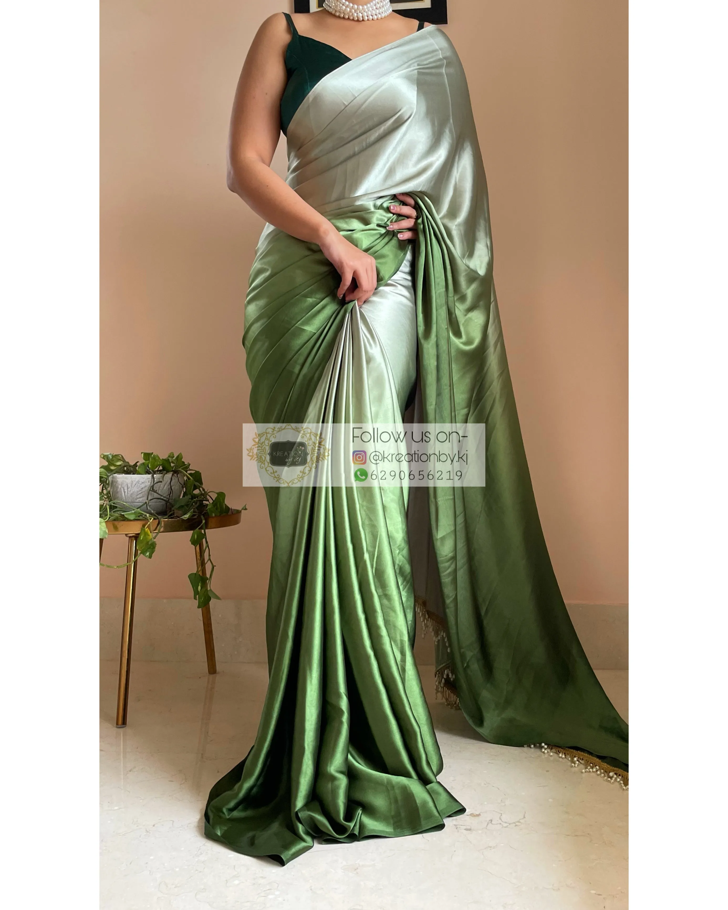 Green Hedge Ombré Satin Silk Saree with Handmade Tassels on Pallu