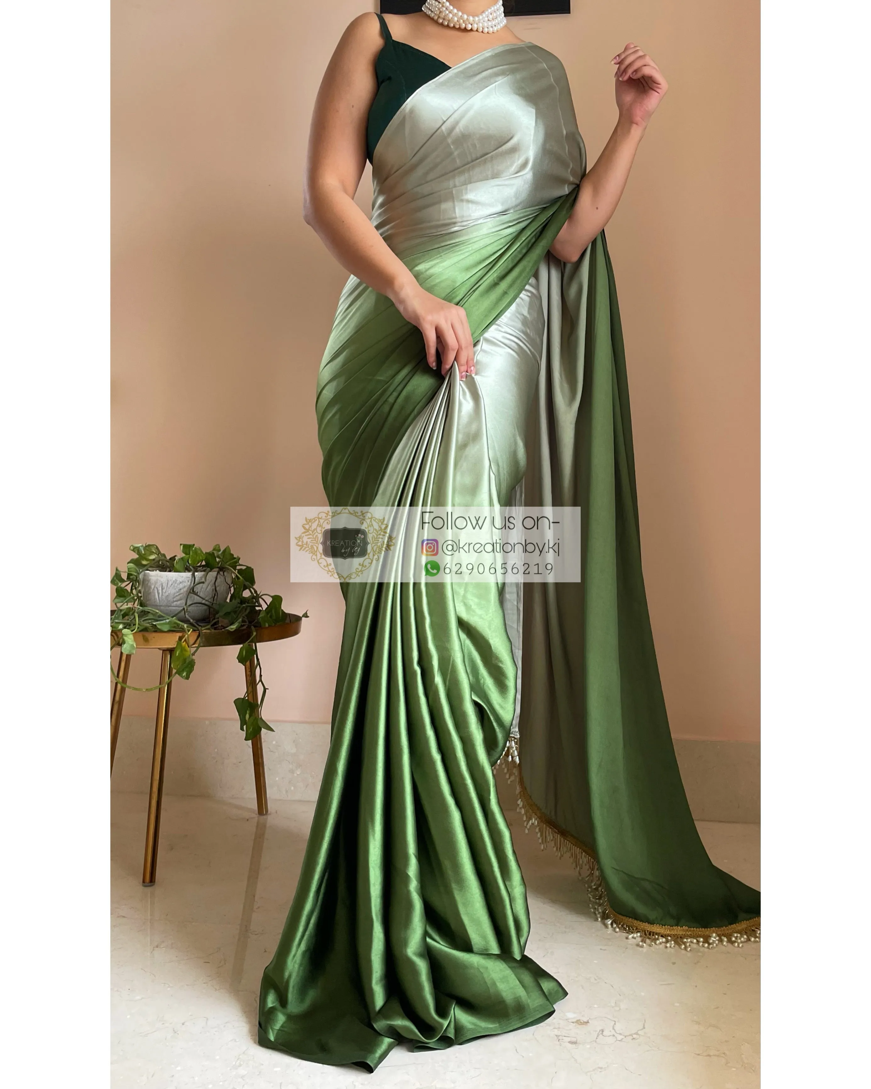 Green Hedge Ombré Satin Silk Saree with Handmade Tassels on Pallu