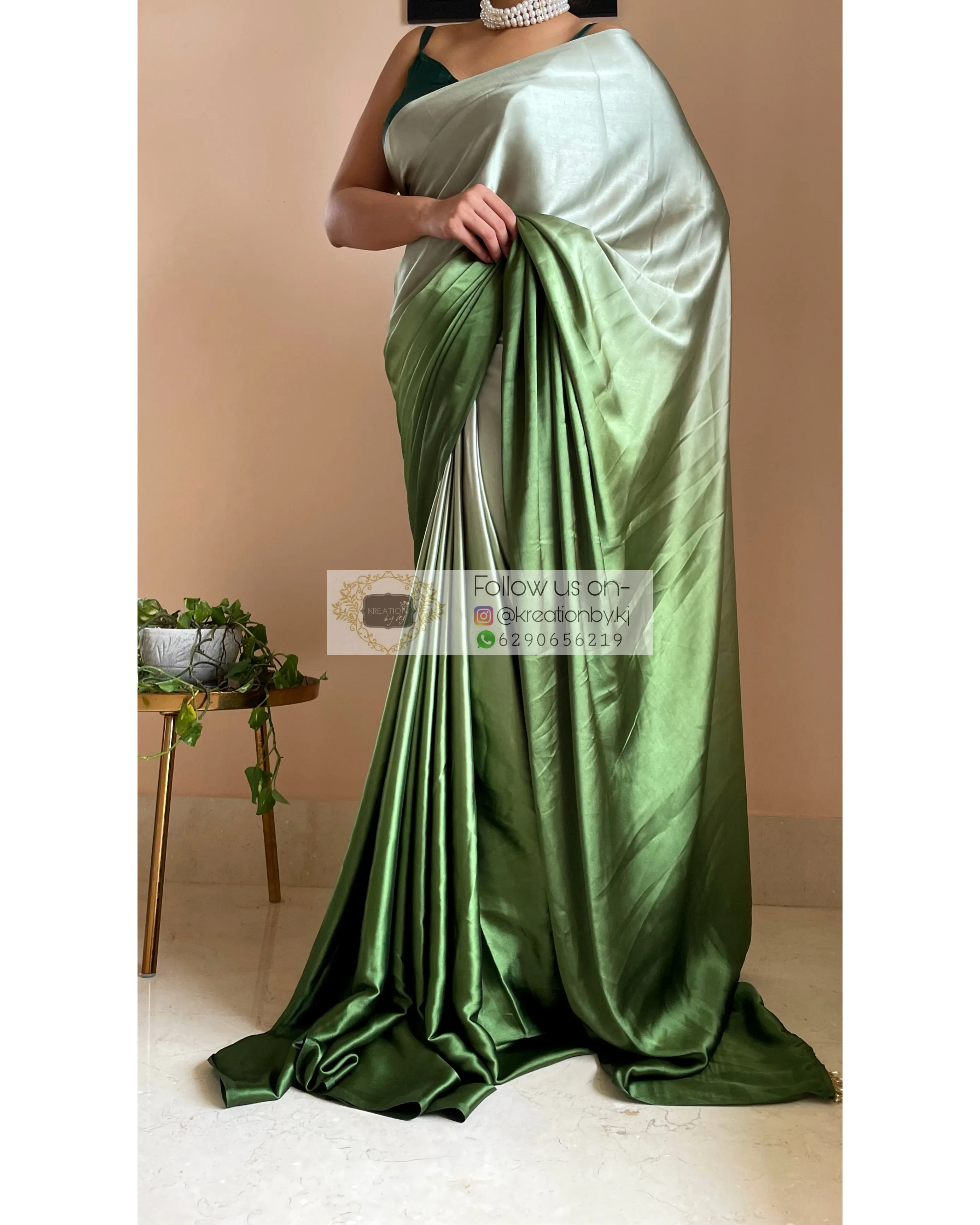 Green Hedge Ombré Satin Silk Saree with Handmade Tassels on Pallu